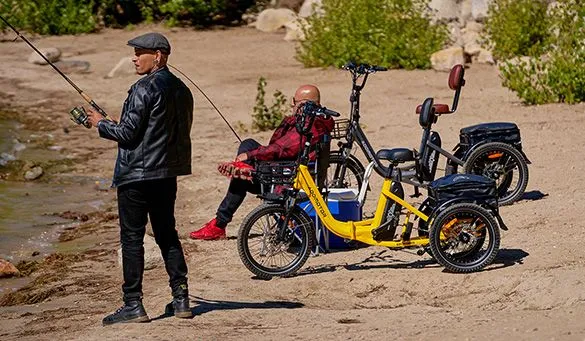 Two guys fishing with Addmotor e-bikes