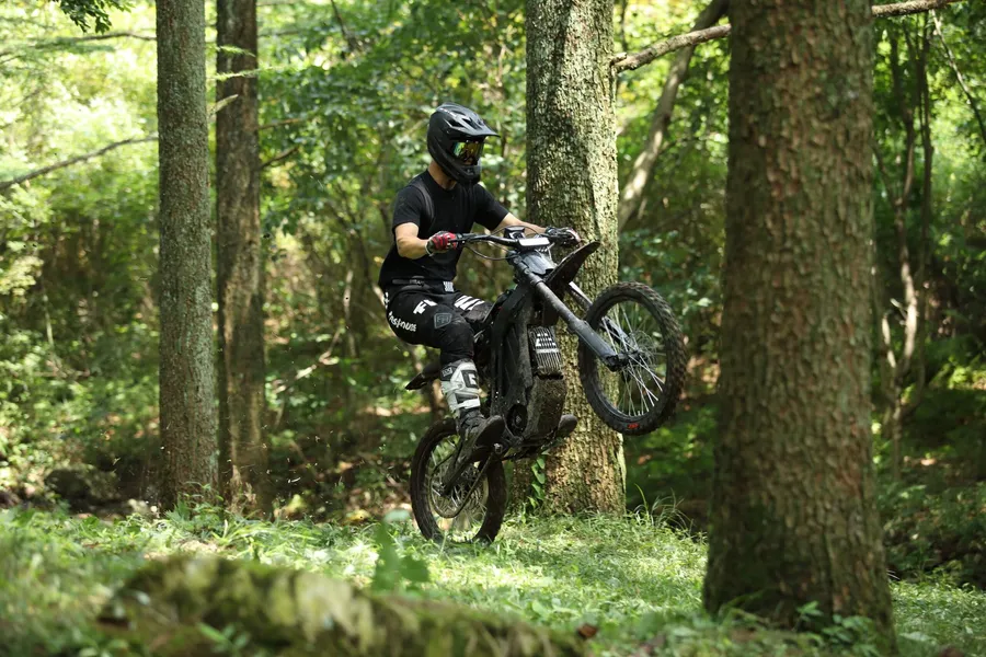 E-bike wheelie through woods