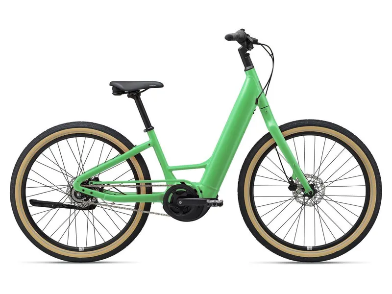 a green e-bike with tan trim