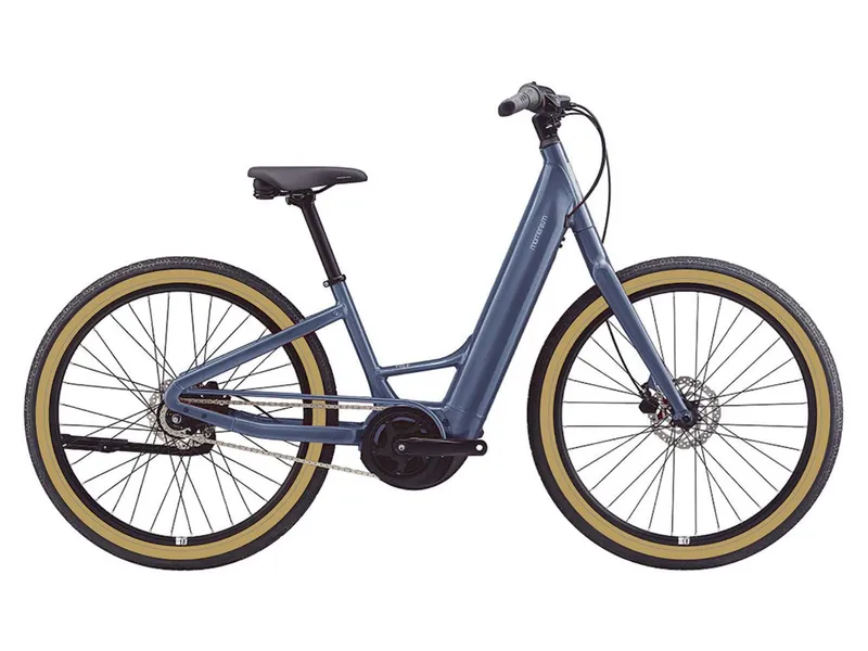 blue e-bike with tan trim