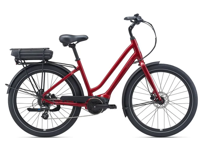 a red e-bike with black wheels