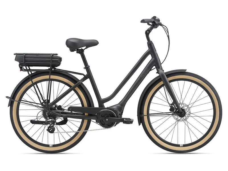 a black e-bike with tan trim