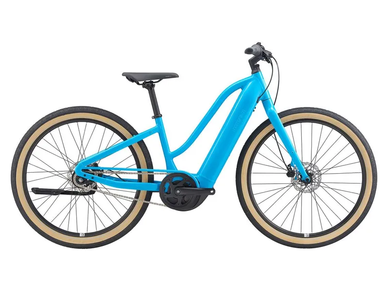 a blue e-bike with black wheels