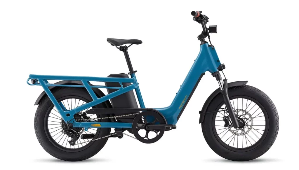 a blue electric bike with black wheels