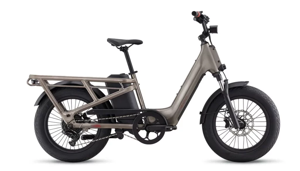 a close up of a silver e-bike