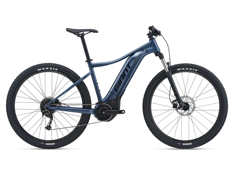 a blue Maxxis e-bike with black wheels