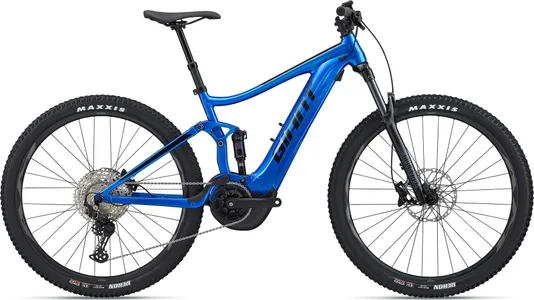 a blue e-bike with black wheels
