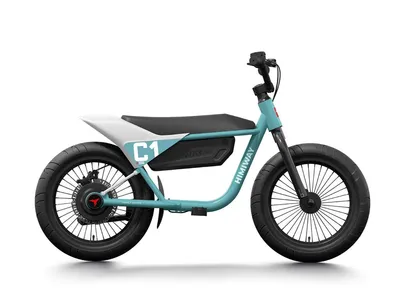 a blue and white e-bike