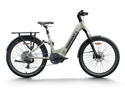 a white electric bike with black wheels