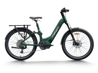 a green electric bike with a basket on the front