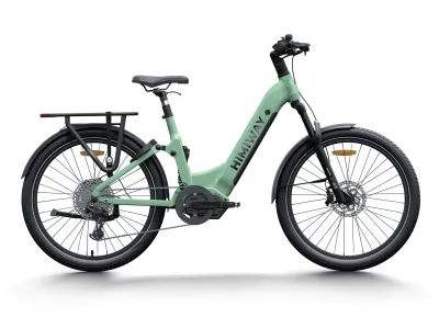 a green electric bike with black wheels