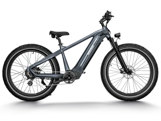 a grey e-bike with black wheels