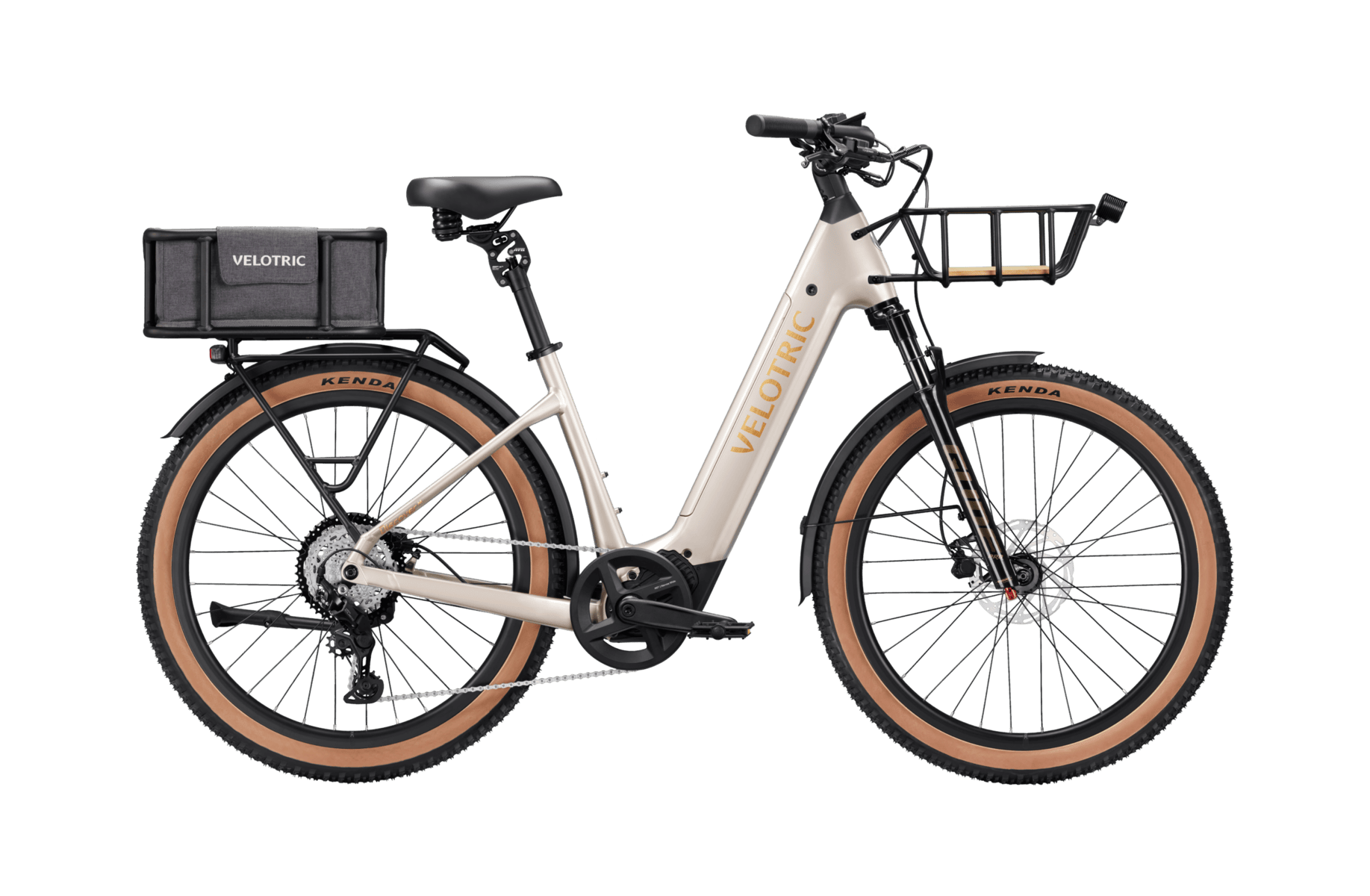 Velotric Discover M e-bike in Platinum Silver with front and rear basket, right side view