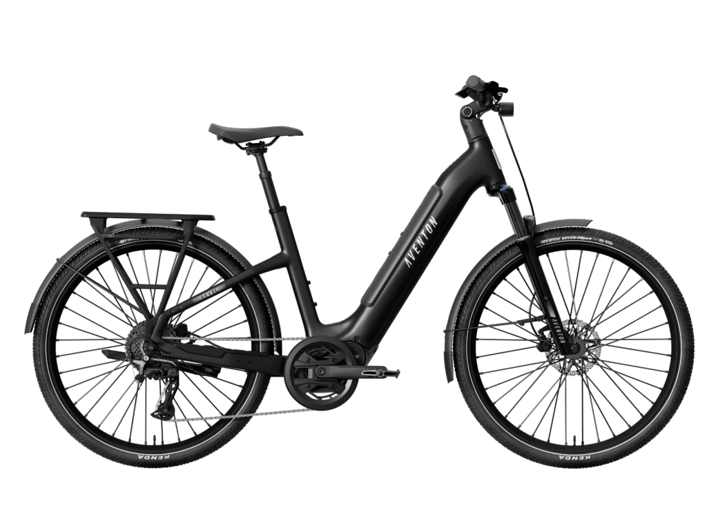 Aventon Level 4 e-bike in Matte Black, female rider right side view