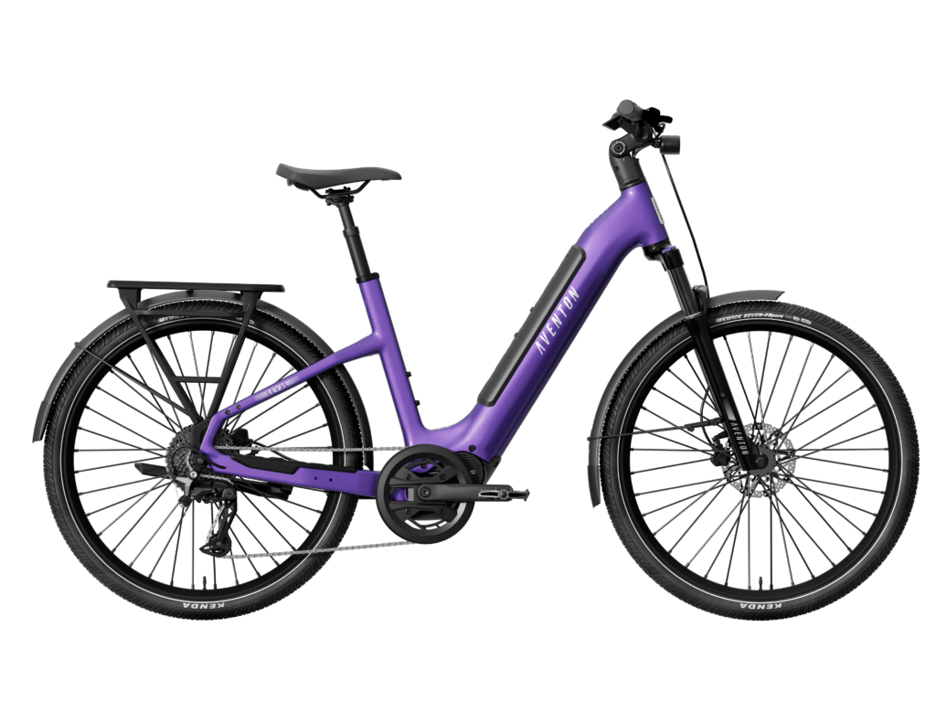 Aventon Level 4 e-bike in Haze color, female rider right side view