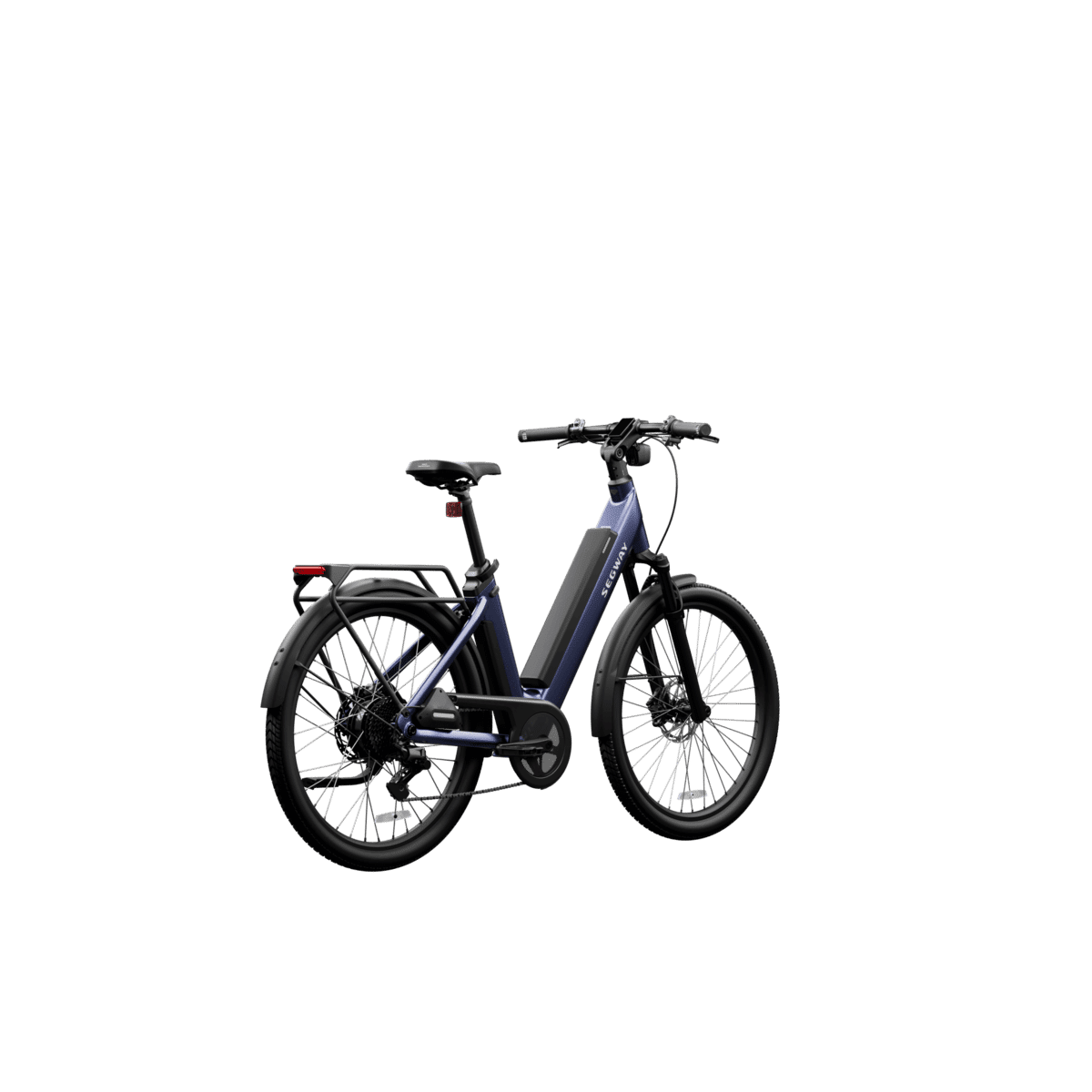 Segway Myon e-bike in Blue, rear right angle on transparent background