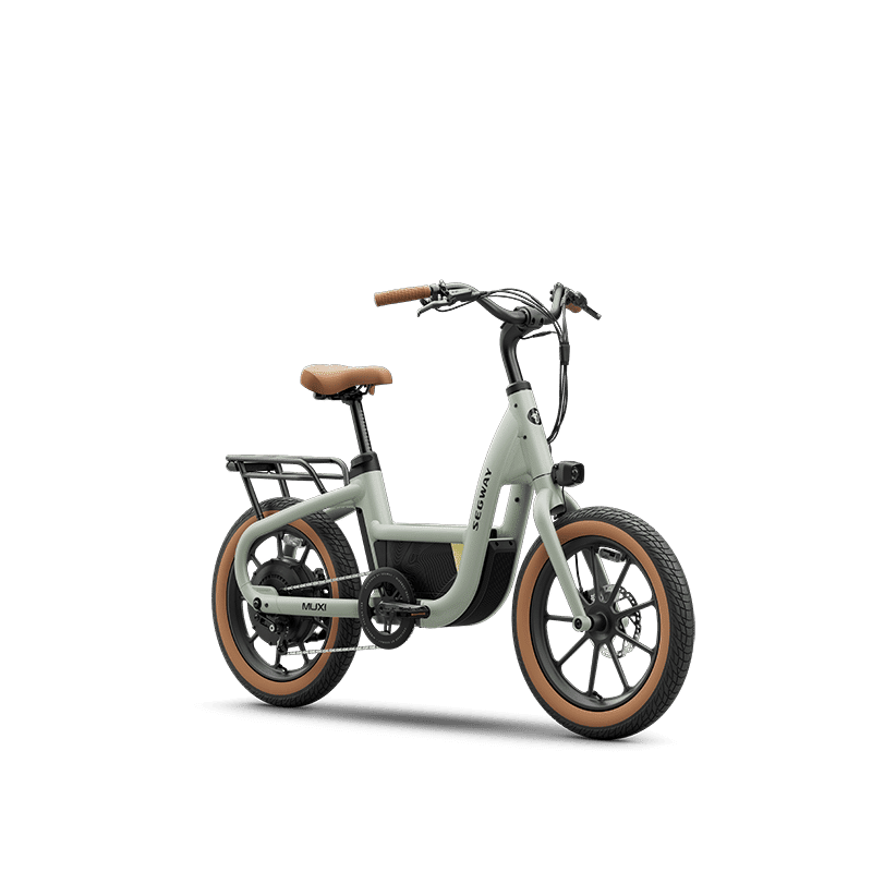 Segway MUXI e-bike in Dusty Sage color, drive side angle on transparent background