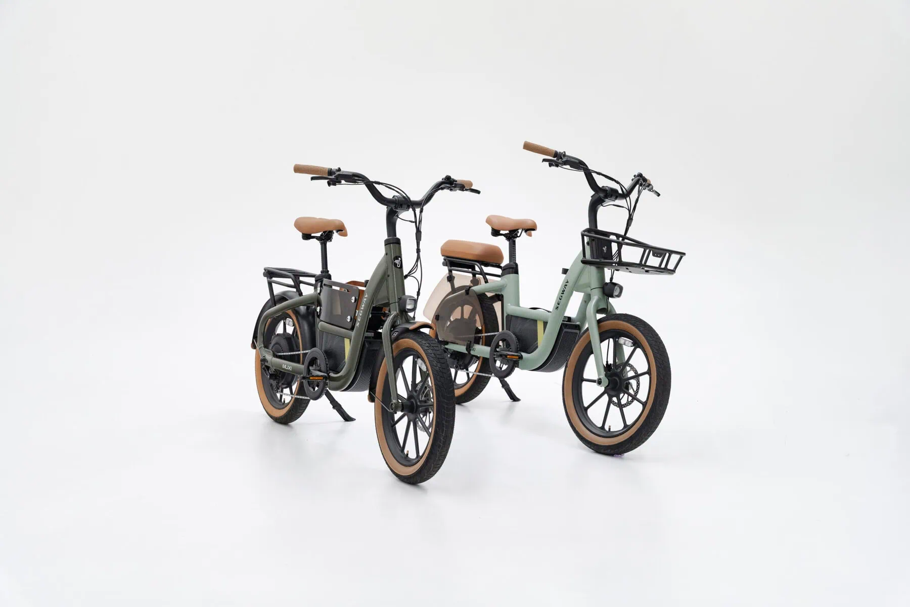 Segway Ebike MUXI Olive Rush and Dusty Sage right distant and MUXI middle basket