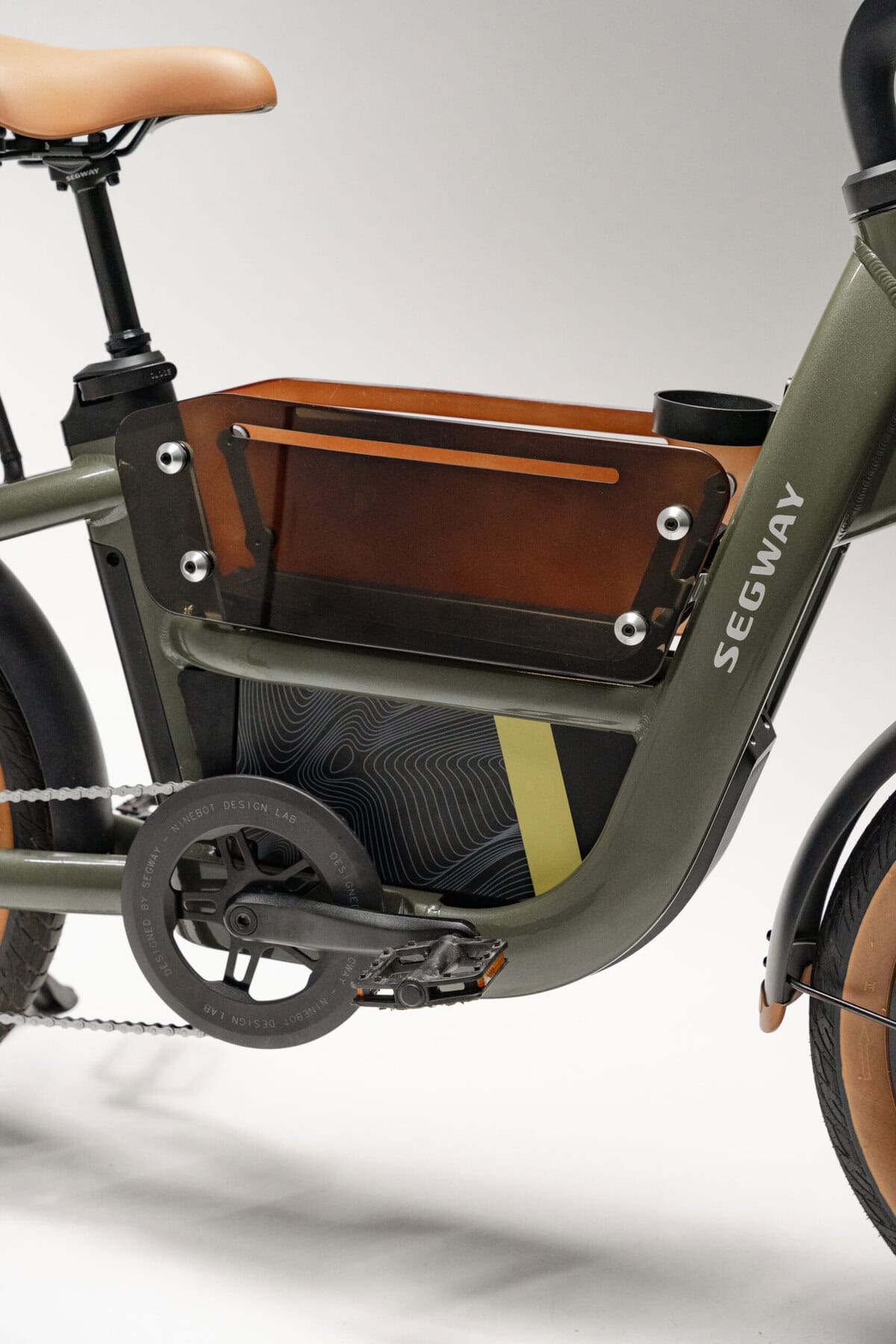Segway MUXI e-bike in Olive Rush color with center basket, right front angle