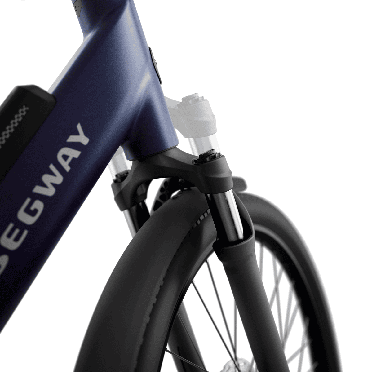 Segway Myon e-bike in Blue, front suspension detail on transparent background