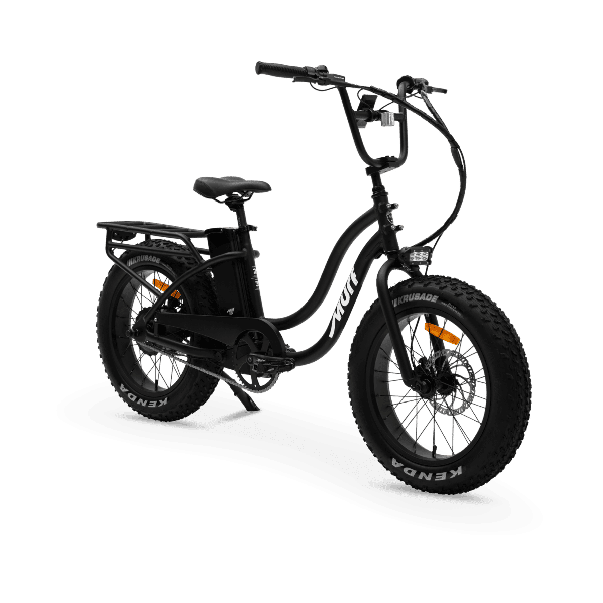 Murf Higgs ST step-through electric bike in black, angled front view with fat tires and a rear cargo rack