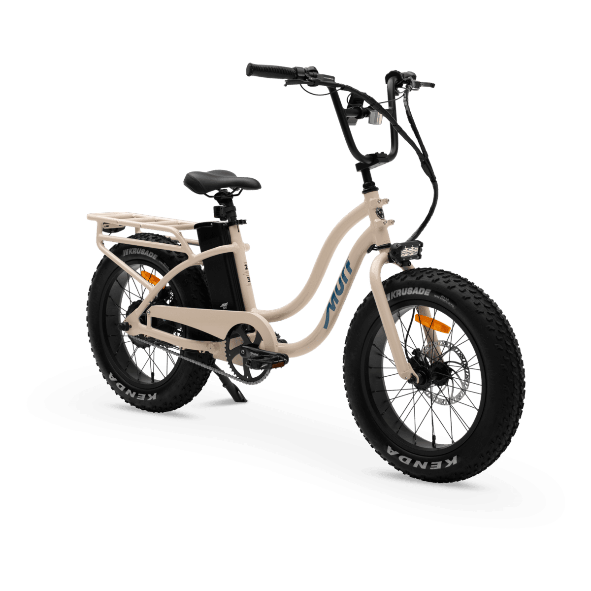 Murf Higgs ST electric bike in bone cream, angled front view with fat tires and a front headlight