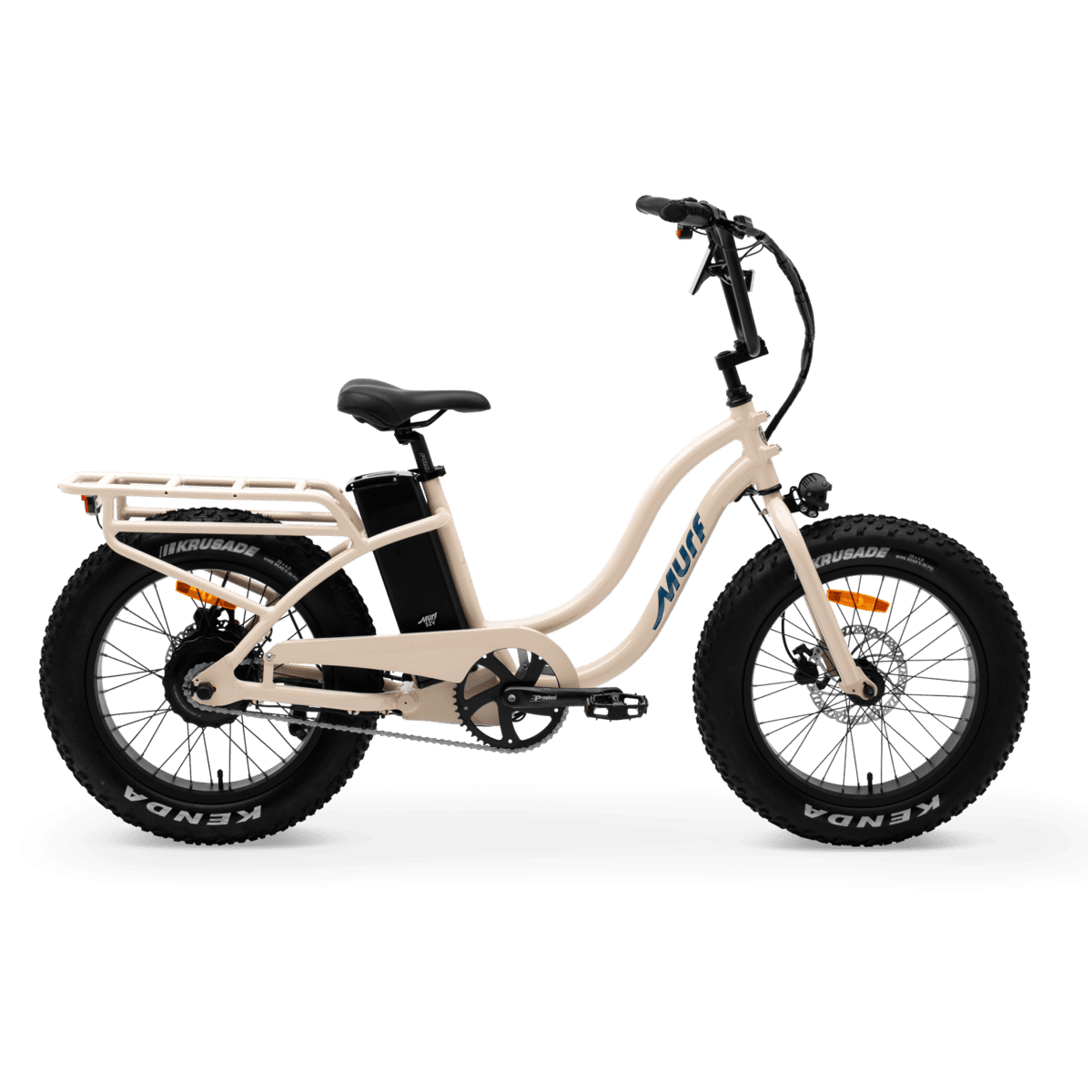 Side profile of the bone cream Murf Higgs ST electric bike with fat tires and rear cargo rack