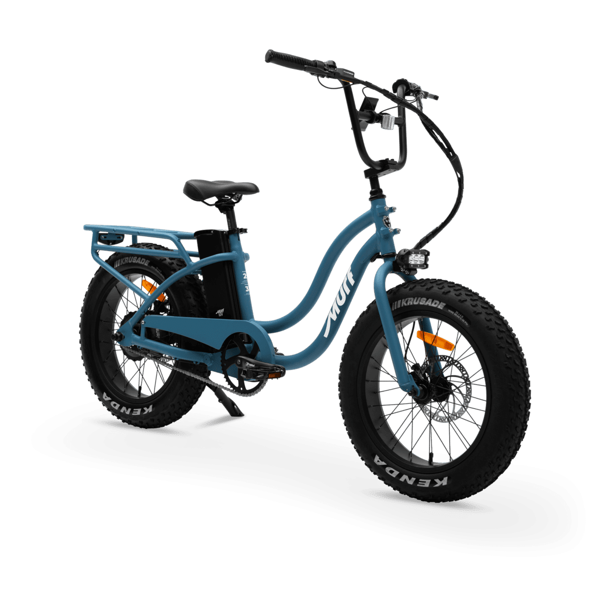 The Higgs step-thru fat tire e-bike in blue, three-quarter front view