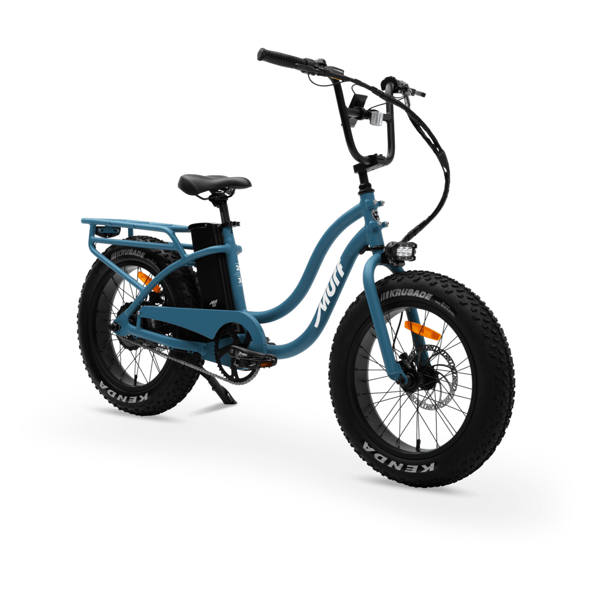 The Higgs step-thru fat tire e-bike in blue, three-quarter front view
