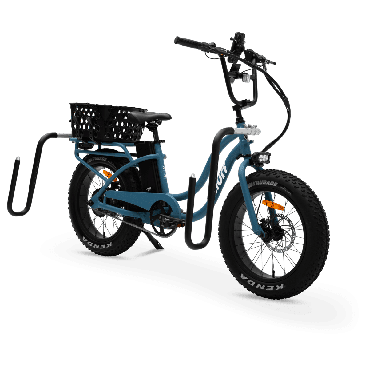 Denim blue Murf Higgs ST electric bike fitted with a front basket and an empty side-mounted surfboard rack