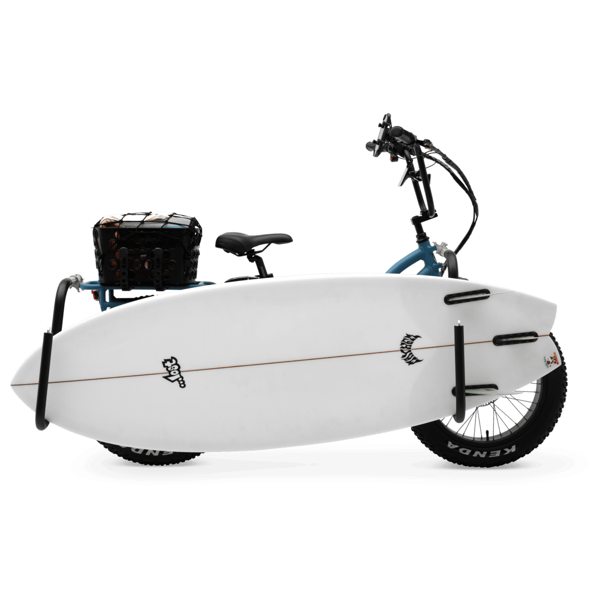 Denim blue Murf Higgs ST electric bike loaded with a surfboard on a side rack and a crate on the rear rack