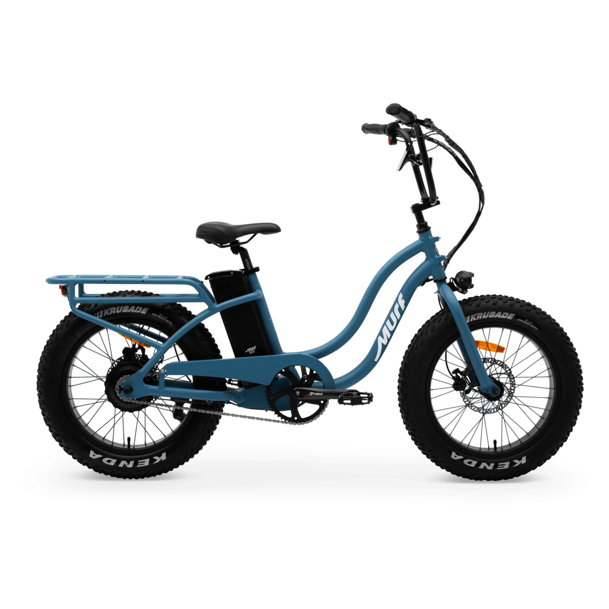 The Higgs step-thru fat tire e-bike hero shot, side profile in blue
