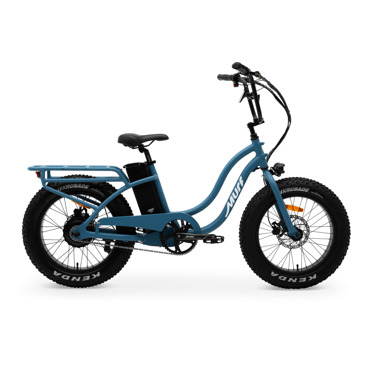 The Higgs step-thru fat tire e-bike hero shot, side profile in blue
