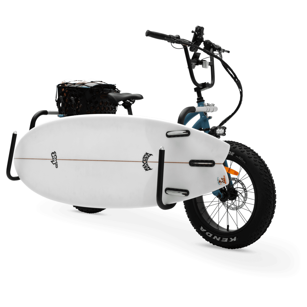 The Higgs step-thru fat tire e-bike with accessories and rider lifestyle shot