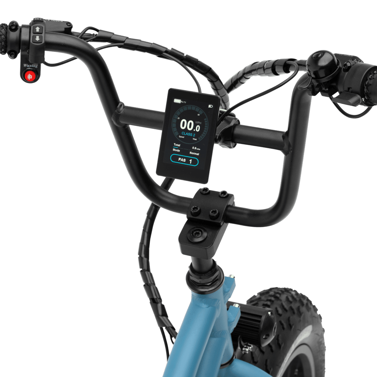 The Higgs step-thru fat tire e-bike digital display screen close-up