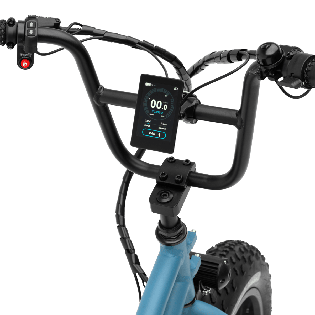 The Higgs step-thru fat tire e-bike digital display screen close-up