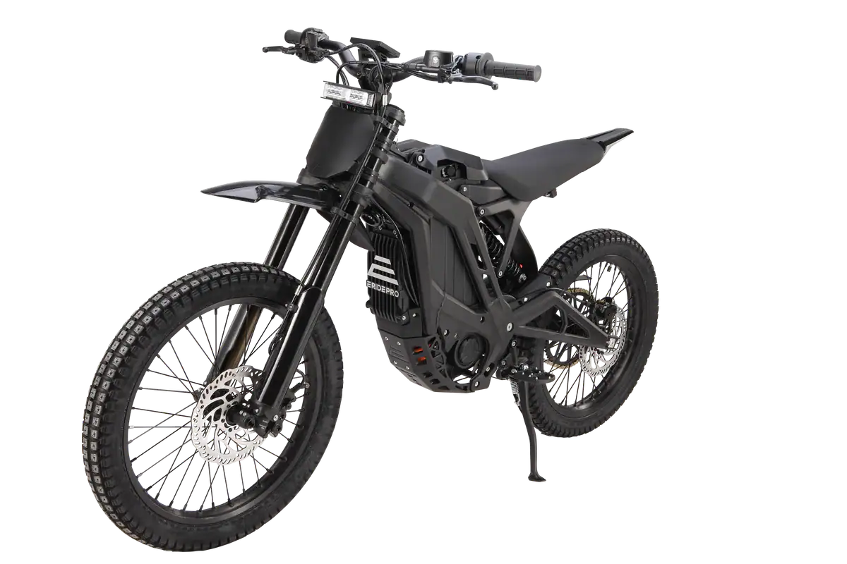 E Ride Pro 3.0 electric dirt bike with updated shock and fender, studio shot