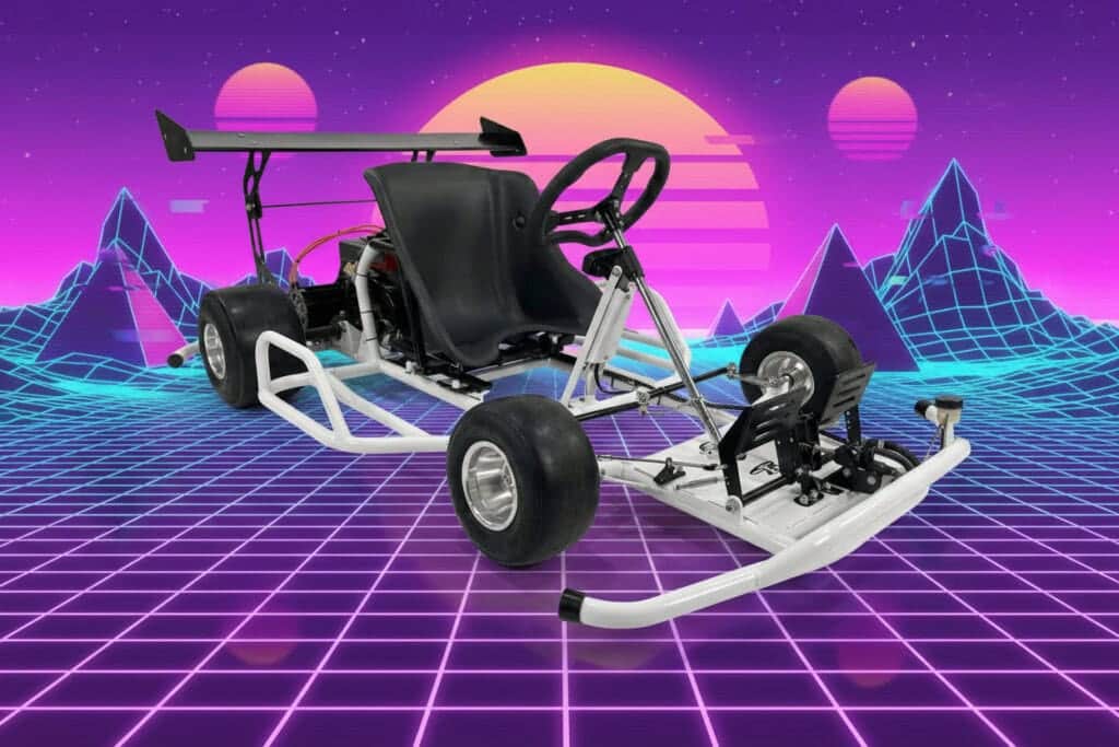Electro and Company e-drift go-kart with retro synthwave backdrop