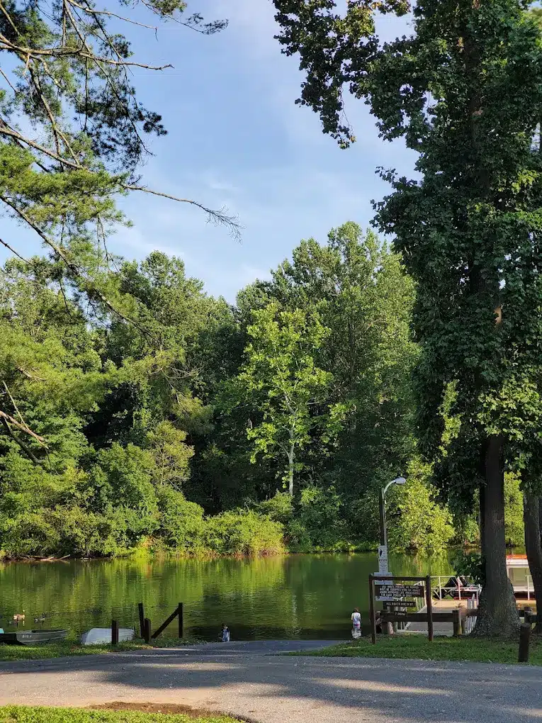 Boat launch and rowboats at the edge of Loch Raven Reservoir on a clear summer day