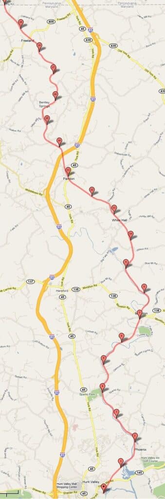 Map of the Northern Central Rail Trail marked in red, running north past Freeland and Bentley Springs to the Pennsylvania line alongside I-83