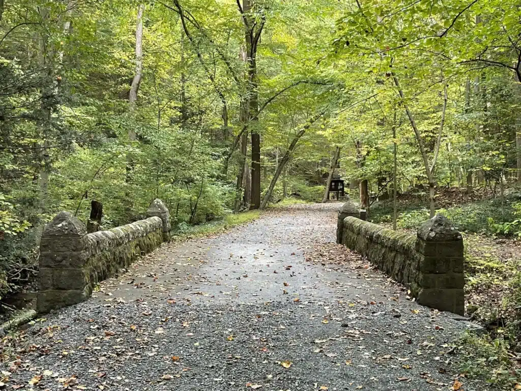 Gravel trail crossing a low stone bridge through the green hardwood forest at Nolde Forest
