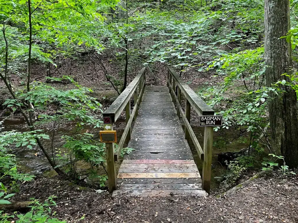 Wooden footbridge crossing Baisman Run on a wooded trail at Oregon Ridge Park